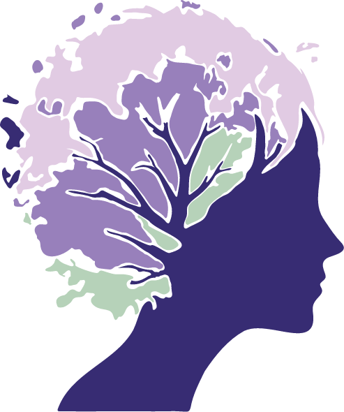 Ícone de Psicologia Clínica: perfil de rosto humano com graficos estilizados na área do cérebro que se assemelham à copa de uma árvore