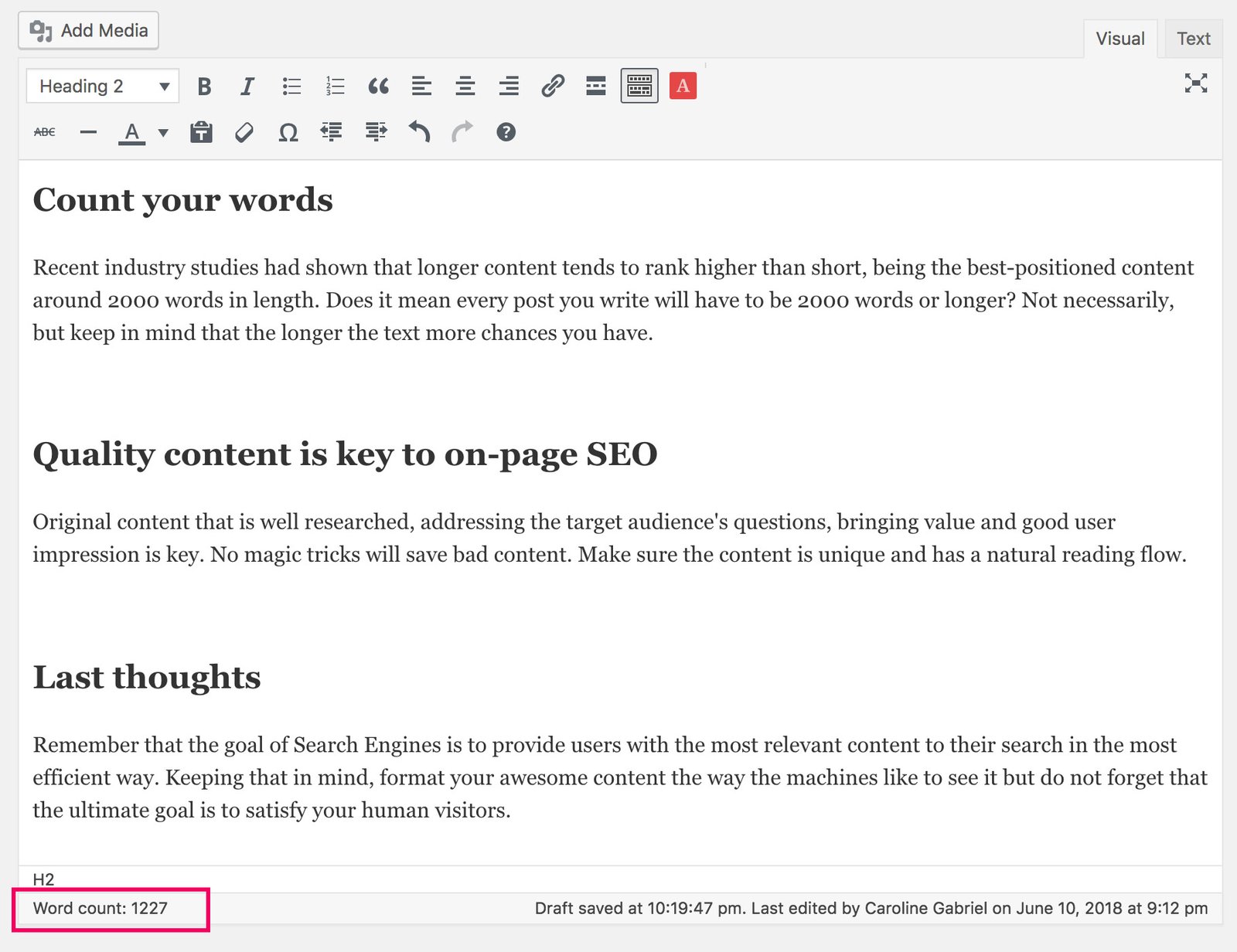 On-Page SEO WordPress Word Count